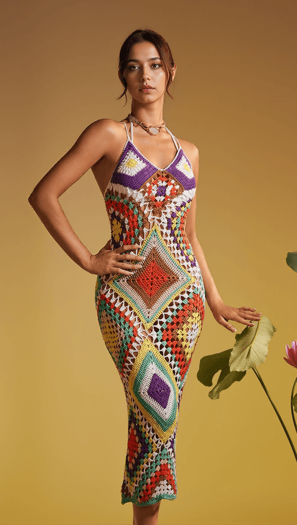 AIIZIE MONROE SPAGHETTI PATCHWORK HOLLOW KNITTED DRESS - product image