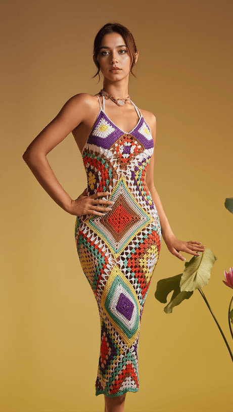 MONROE SPAGHETTI PATCHWORK HOLLOW KNITTED DRESS