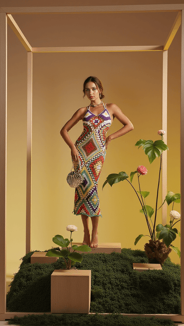 AIIZIE MONROE SPAGHETTI PATCHWORK HOLLOW KNITTED DRESS - product image