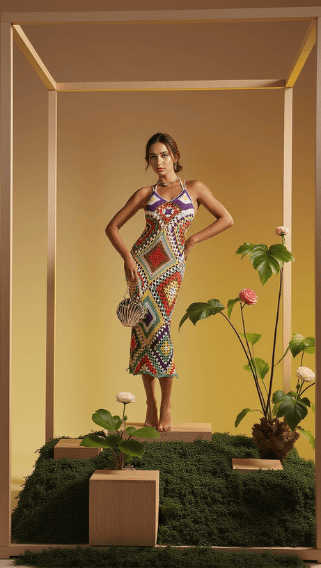 MONROE SPAGHETTI PATCHWORK HOLLOW KNITTED DRESS