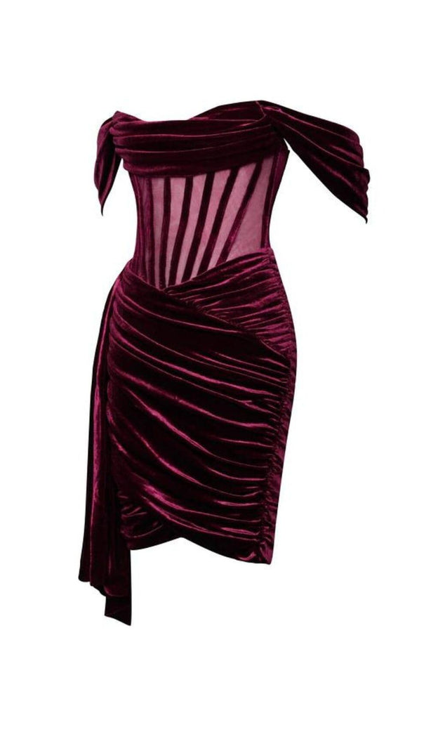 AIIZIE IRISA BURGUNDY DRAPING OFF SHOULDER CORSET DRESS - product image