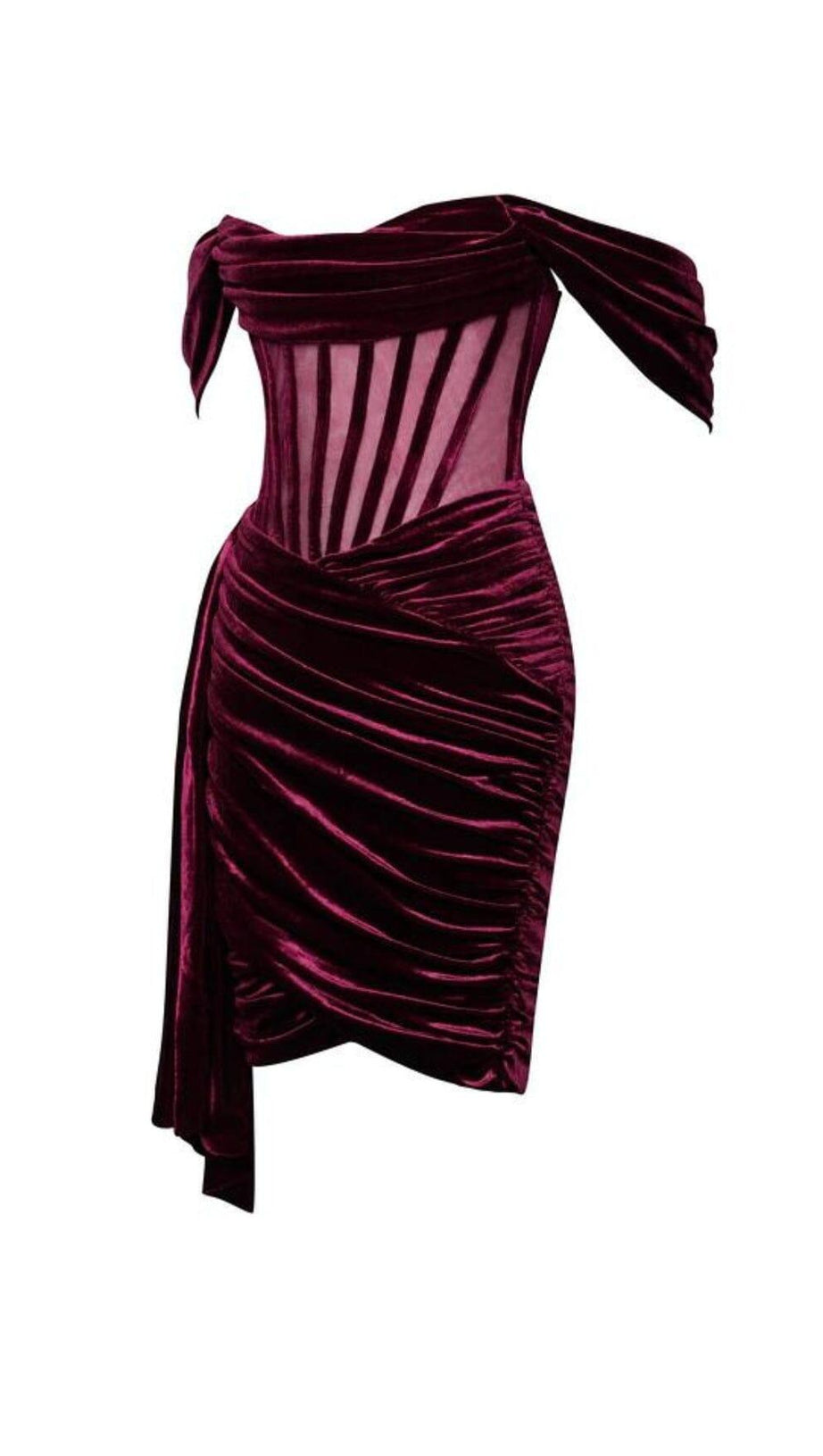 IRISA BURGUNDERROTES DRAPIERENDES OFF-SHOULDER-KORSETT-KLEID