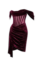 IRISA BURGUNDY DRAPING OFF SHOULDER CORSET DRESS