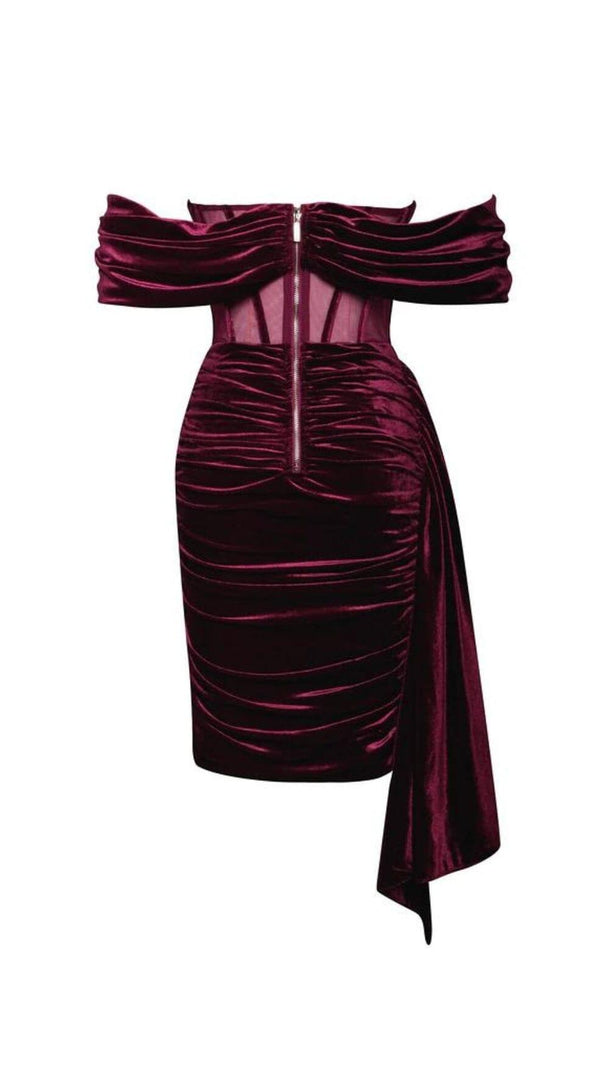 Irisa Burgundy Draping Off Shoulder Corset Dress