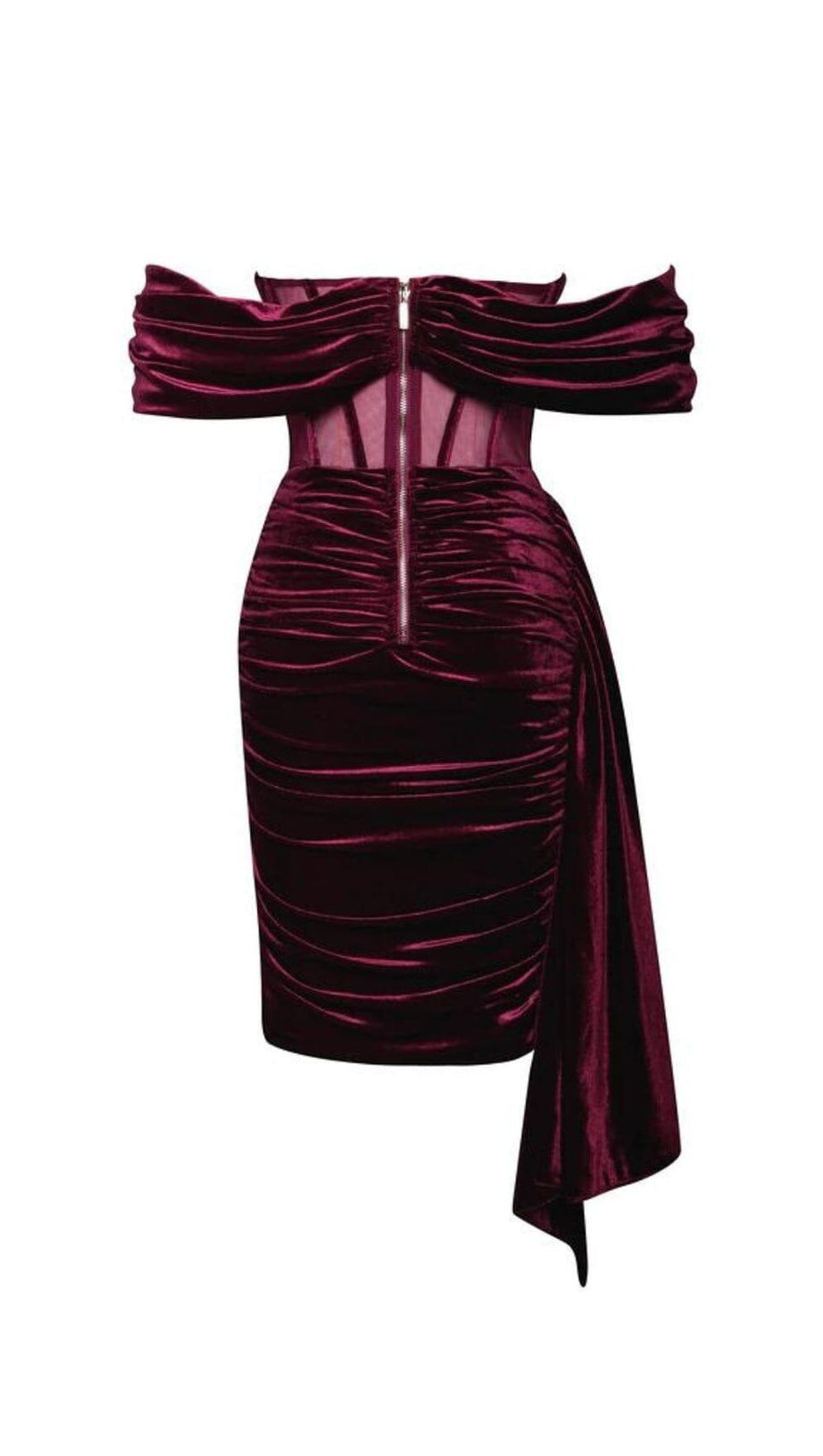 IRISA BURGUNDERROTES DRAPIERENDES OFF-SHOULDER-KORSETT-KLEID