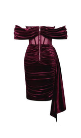 IRISA BURGUNDY DRAPING OFF SHOULDER CORSET DRESS