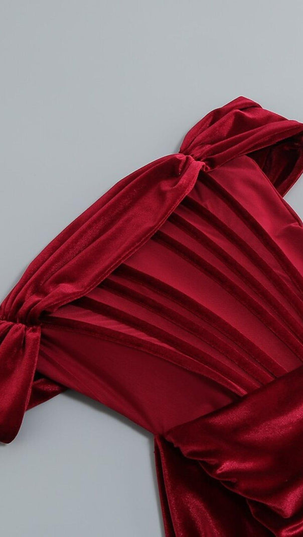 Irisa Burgundy Draping Off Shoulder Corset Dress