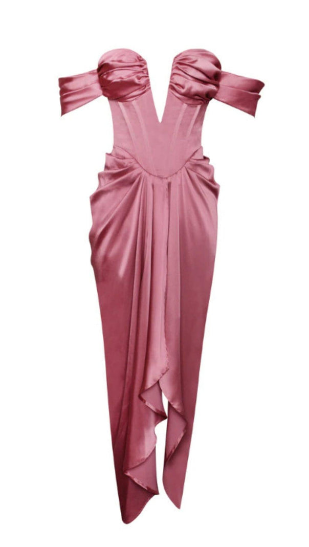 AIIZIE XOPHIA MAUVE PINK OFF SHOULDER SATIN CORSET HIGH SLIT DRESS - product image