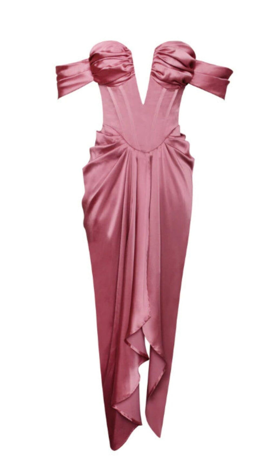 ABITO XOPHIA IN RASO ROSA MALVA CON SPALLE SCOPERTE E CORSETTO CON SPACCO ALTO
