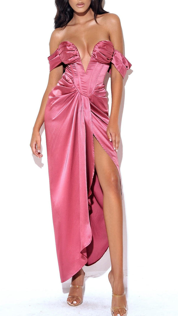 AIIZIE XOPHIA MAUVE PINK OFF SHOULDER SATIN CORSET HIGH SLIT DRESS - product image