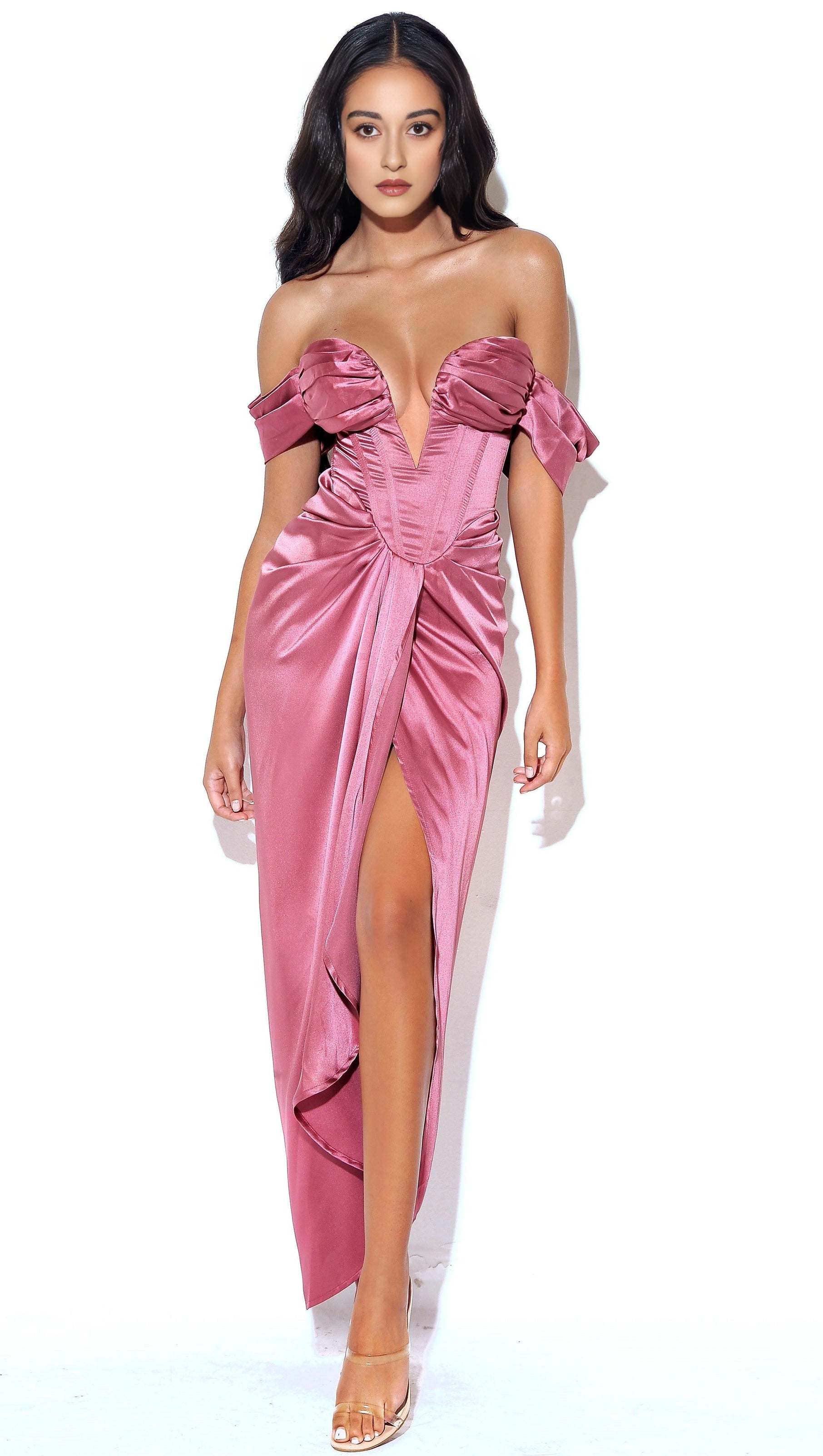 AIIZIE XOPHIA MAUVE PINK OFF SHOULDER SATIN CORSET HIGH SLIT DRESS - product image