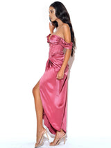 XOPHIA MAUVE PINK OFF SHOULDER SATIN CORSET HIGH SLIT DRESS