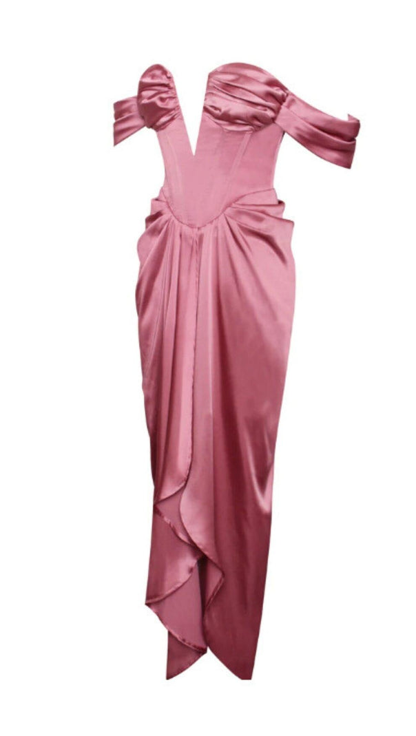 AIIZIE XOPHIA MAUVE PINK OFF SHOULDER SATIN CORSET HIGH SLIT DRESS - product image