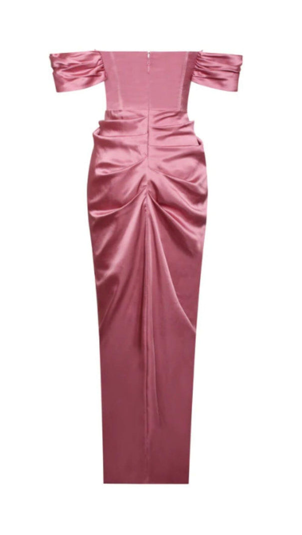 AIIZIE XOPHIA MAUVE PINK OFF SHOULDER SATIN CORSET HIGH SLIT DRESS - product image