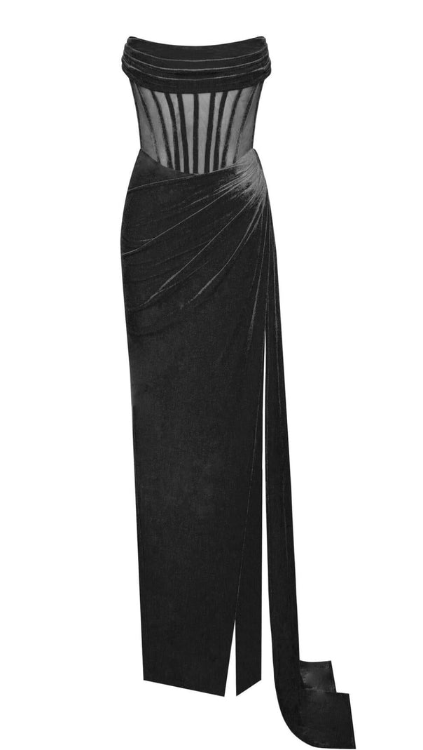 PRIYA SCHWARZES DRAPIERTES KORSETT-SAMTKLEID MIT HOHEM SCHLITZ