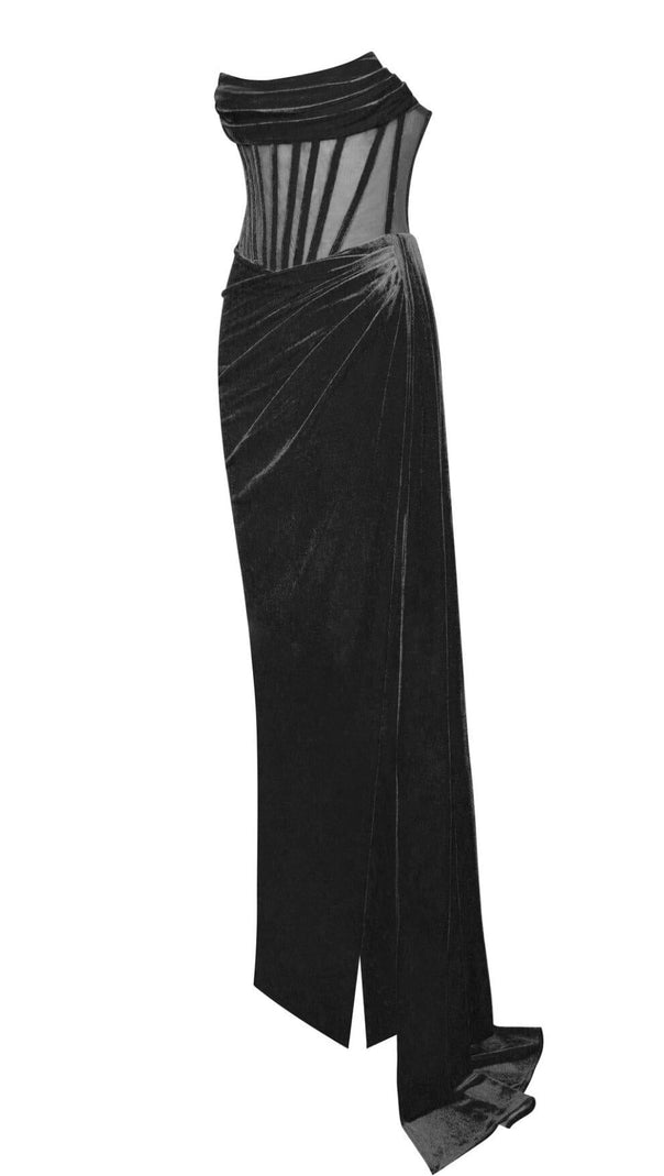 PRIYA SCHWARZES DRAPIERTES KORSETT-SAMTKLEID MIT HOHEM SCHLITZ