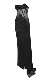 PRIYA BLACK DRAPING CORSET HIGH SLIT VELVET GOWN