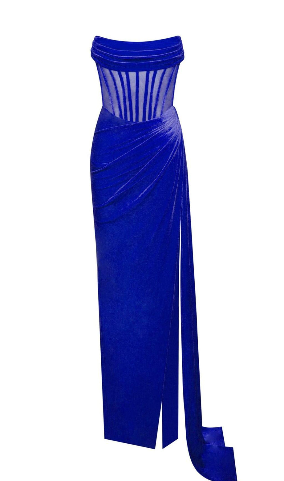 ABITO IN VELLUTO CON SPACCO ALTO E CORSETTO DRAPPEGGIATO BLU REALE PRIYA