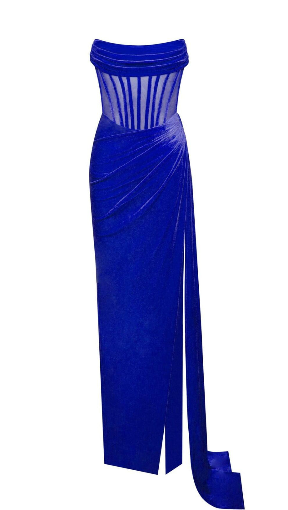 ABITO IN VELLUTO CON SPACCO ALTO E CORSETTO DRAPPEGGIATO BLU REALE PRIYA