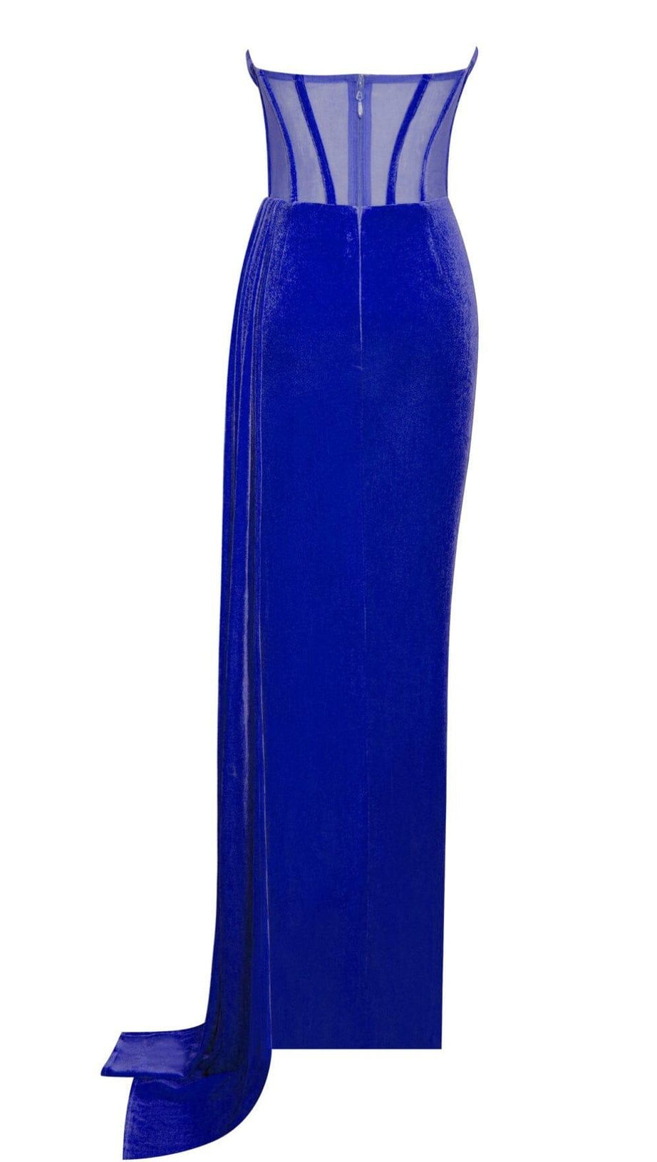 PRIYA ROYAL BLUE DRAPING CORSET HIGH SLIT VELVET GOWN