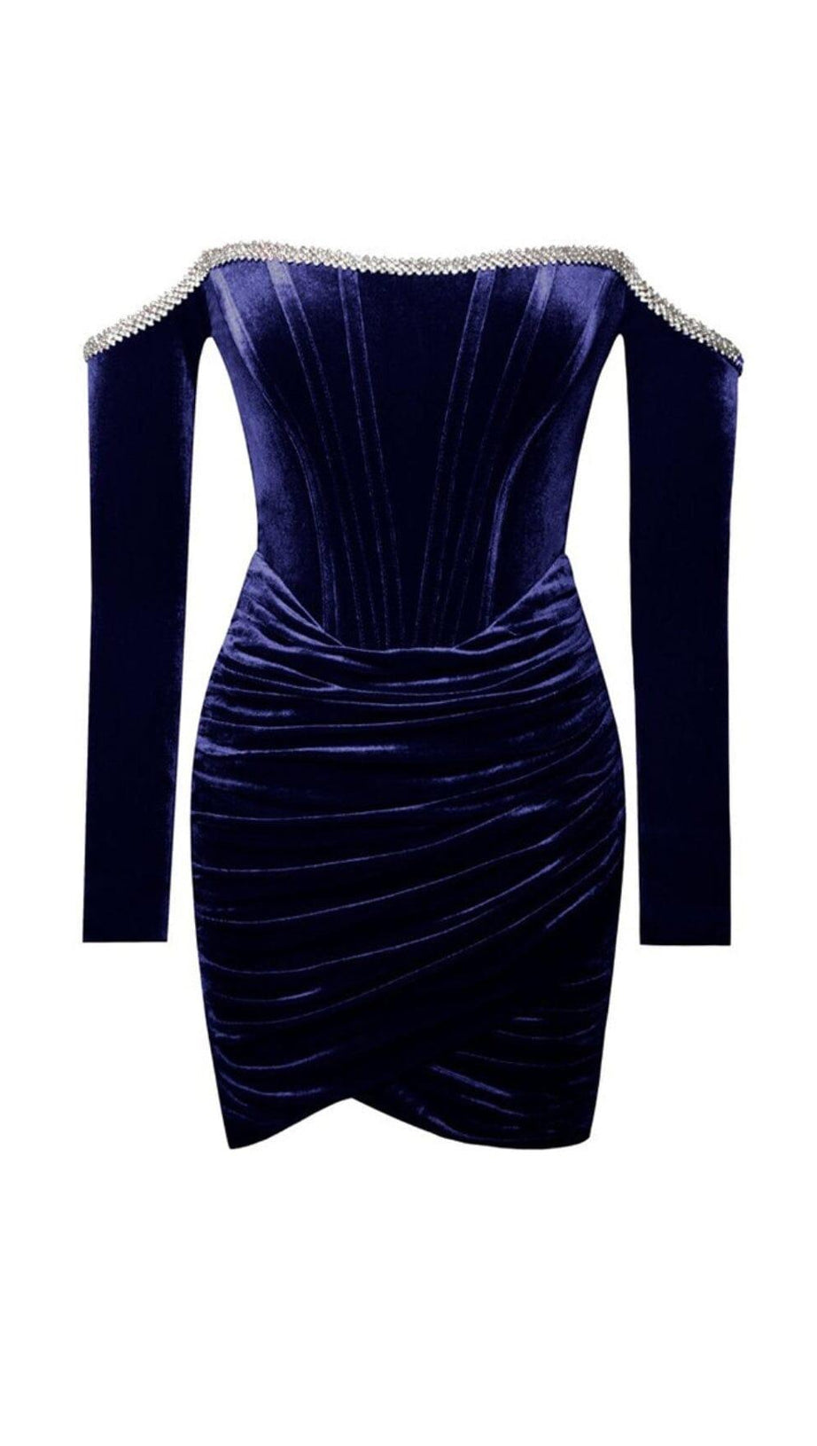ABITO CORSETTO ODETTE IN VELLUTO BLU MARINO CON SPALLE SCOPERTE E BORDI IN CRISTALLI