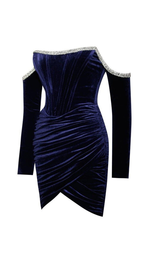 AIIZIE ODETTE NAVY VELVET OFF SHOULDER CORSET DRESS WITH CRYSTAL TRIM - product image