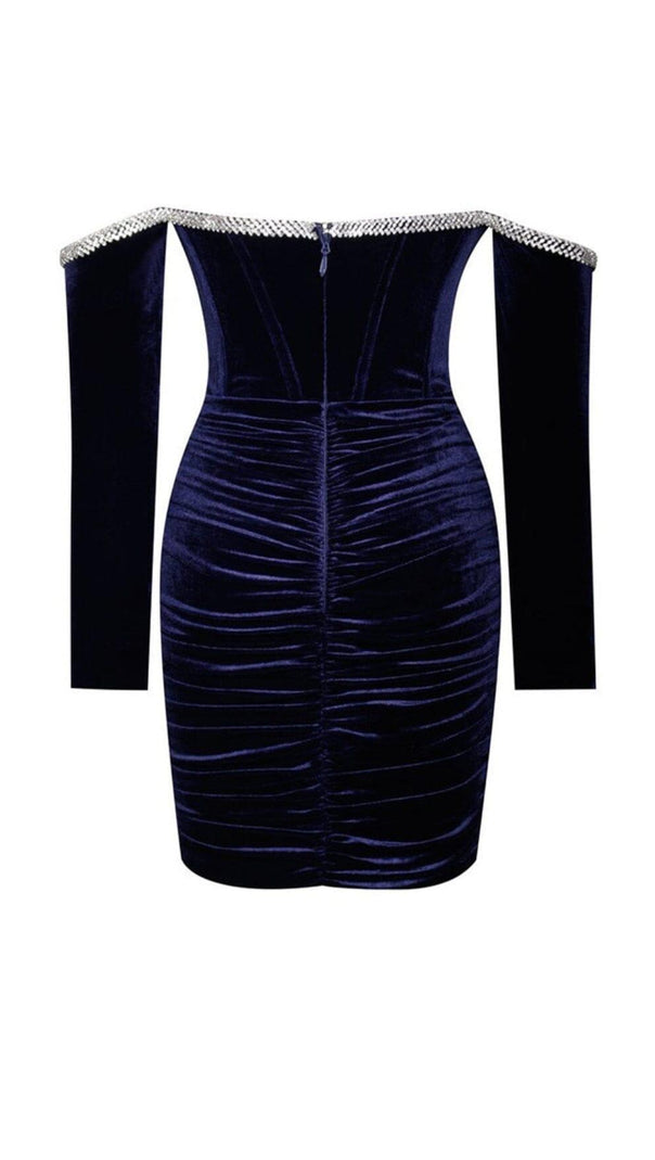 AIIZIE ODETTE NAVY VELVET OFF SHOULDER CORSET DRESS WITH CRYSTAL TRIM - product image