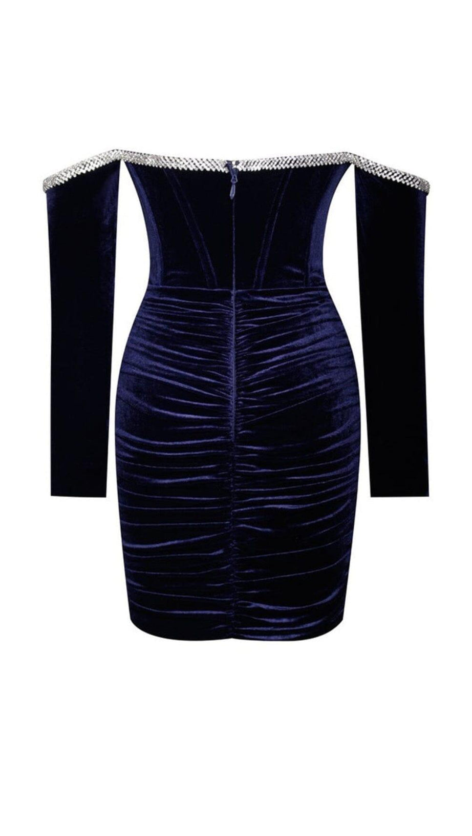 ODETTE NAVY VELVET OFF SHOULDER CORSET DRESS WITH CRYSTAL TRIM