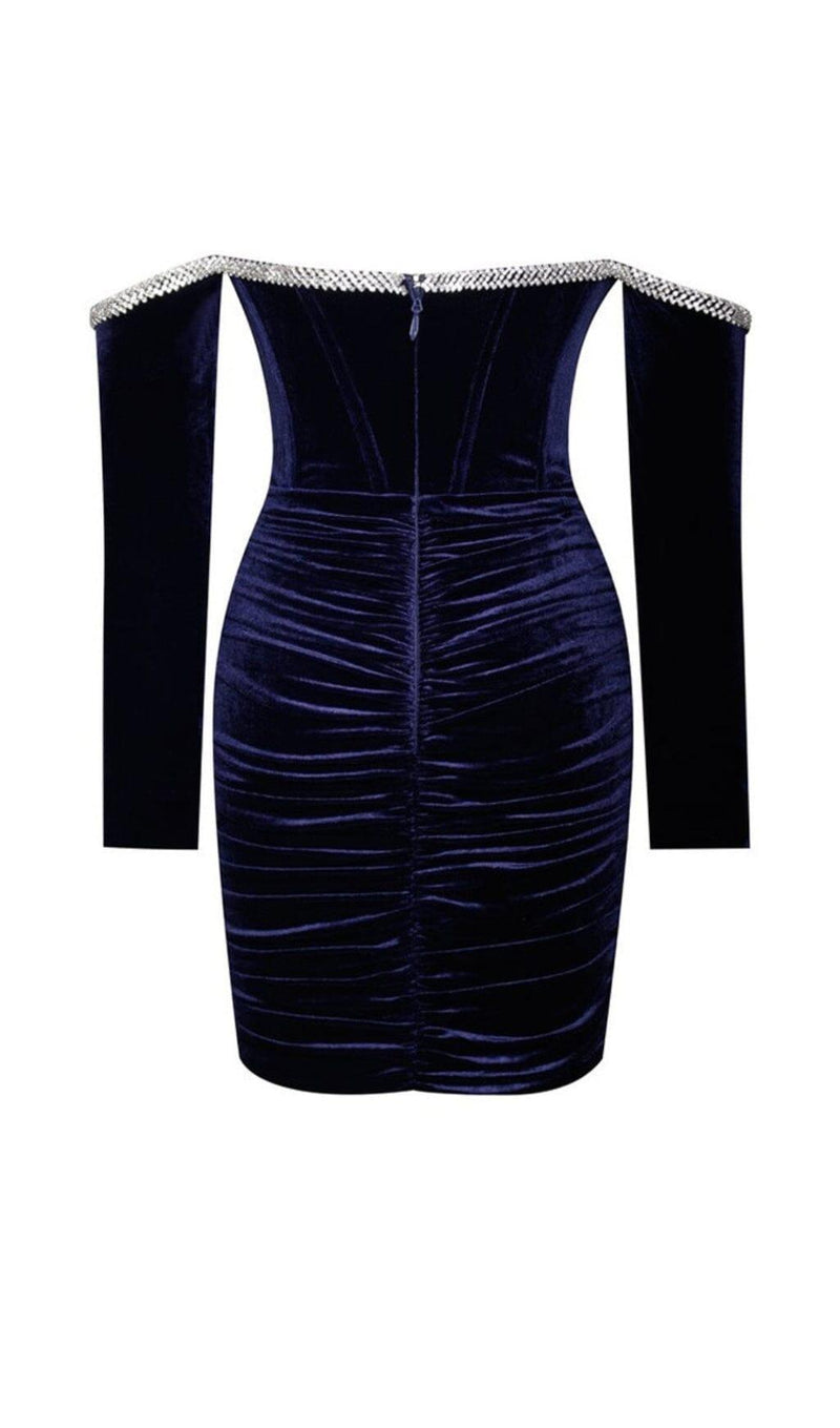 ODETTE NAVY VELVET OFF SHOULDER CORSET DRESS WITH CRYSTAL TRIM