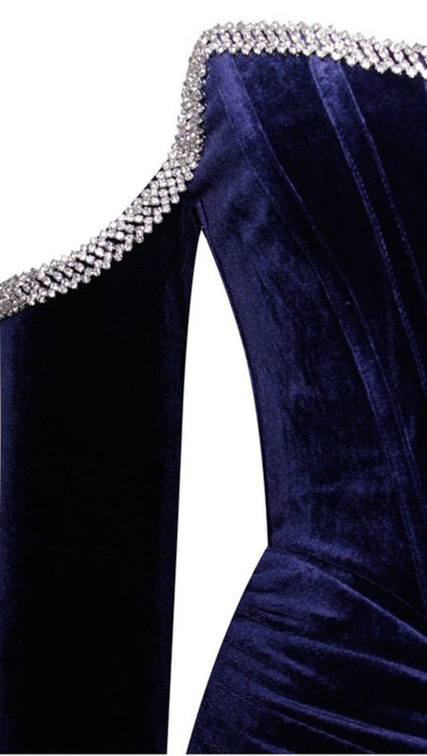 AIIZIE ODETTE NAVY VELVET OFF SHOULDER CORSET DRESS WITH CRYSTAL TRIM - product image