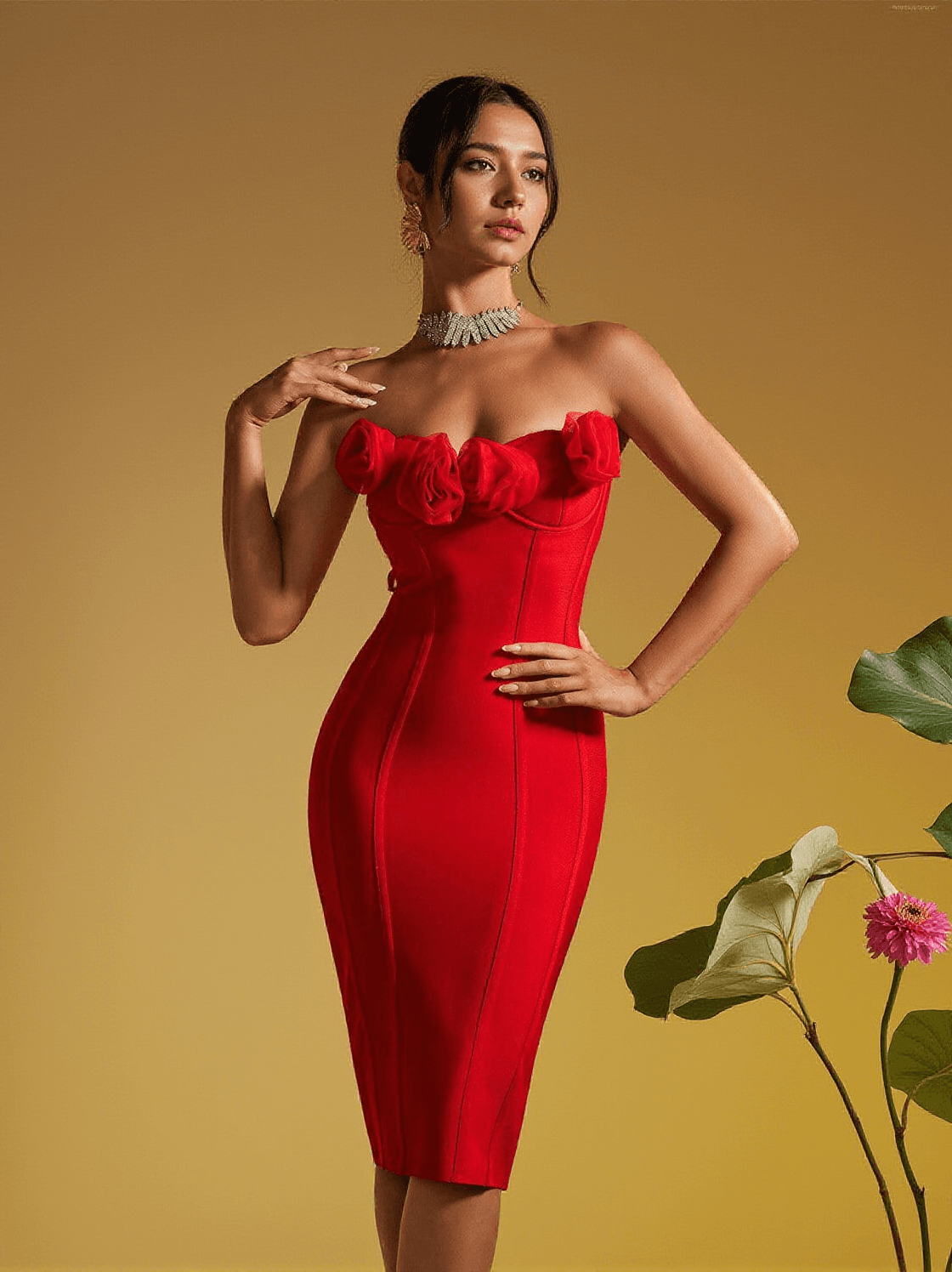 Adlai – Trägerloses Midikleid mit Blumen-Bandage