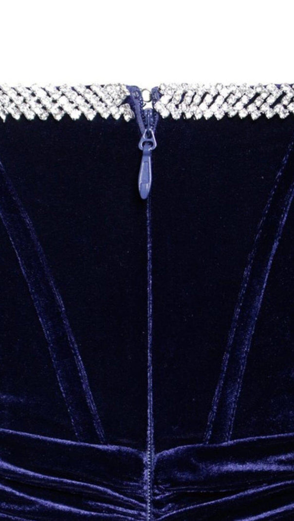 ABITO CORSETTO ODETTE IN VELLUTO BLU MARINO CON SPALLE SCOPERTE E BORDI IN CRISTALLI