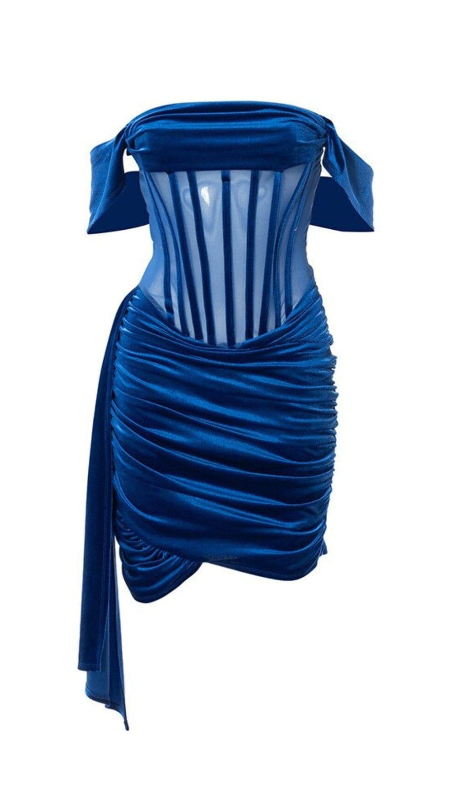 ABITO CORSETTO IRISA BLU OTTANIO CON DRAPPEGGIO E SPALLE SCOPERTE