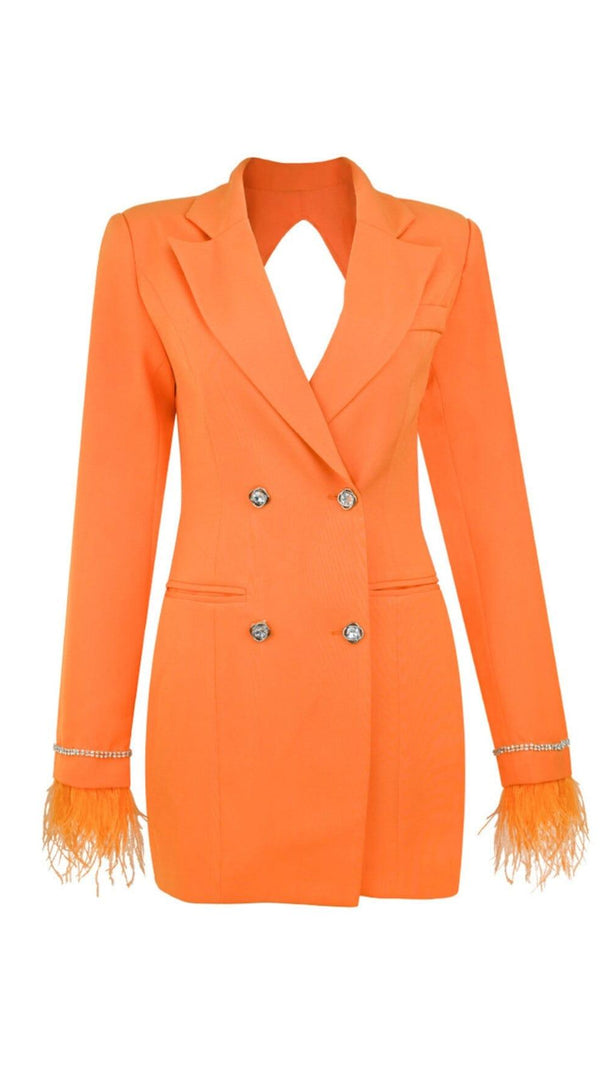 ABITO BLAZER SCOLLATO CON MANICHE IN CRISTALLO E PIUME ARANCIONE QUILLA