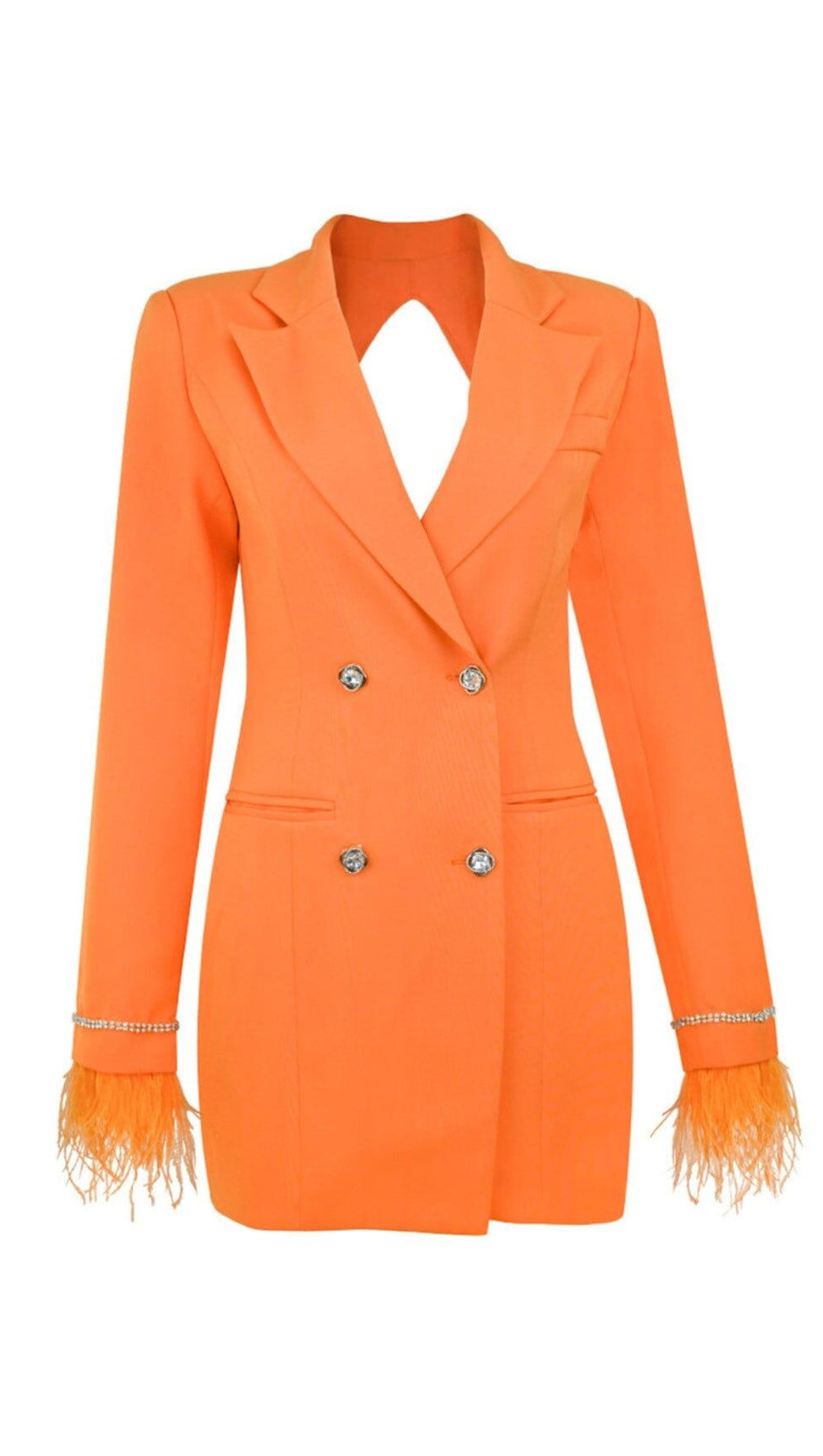 QUILLA ORANGE FEATHER CRYSTAL SLEEVE BACKLESS BLAZER DRESS