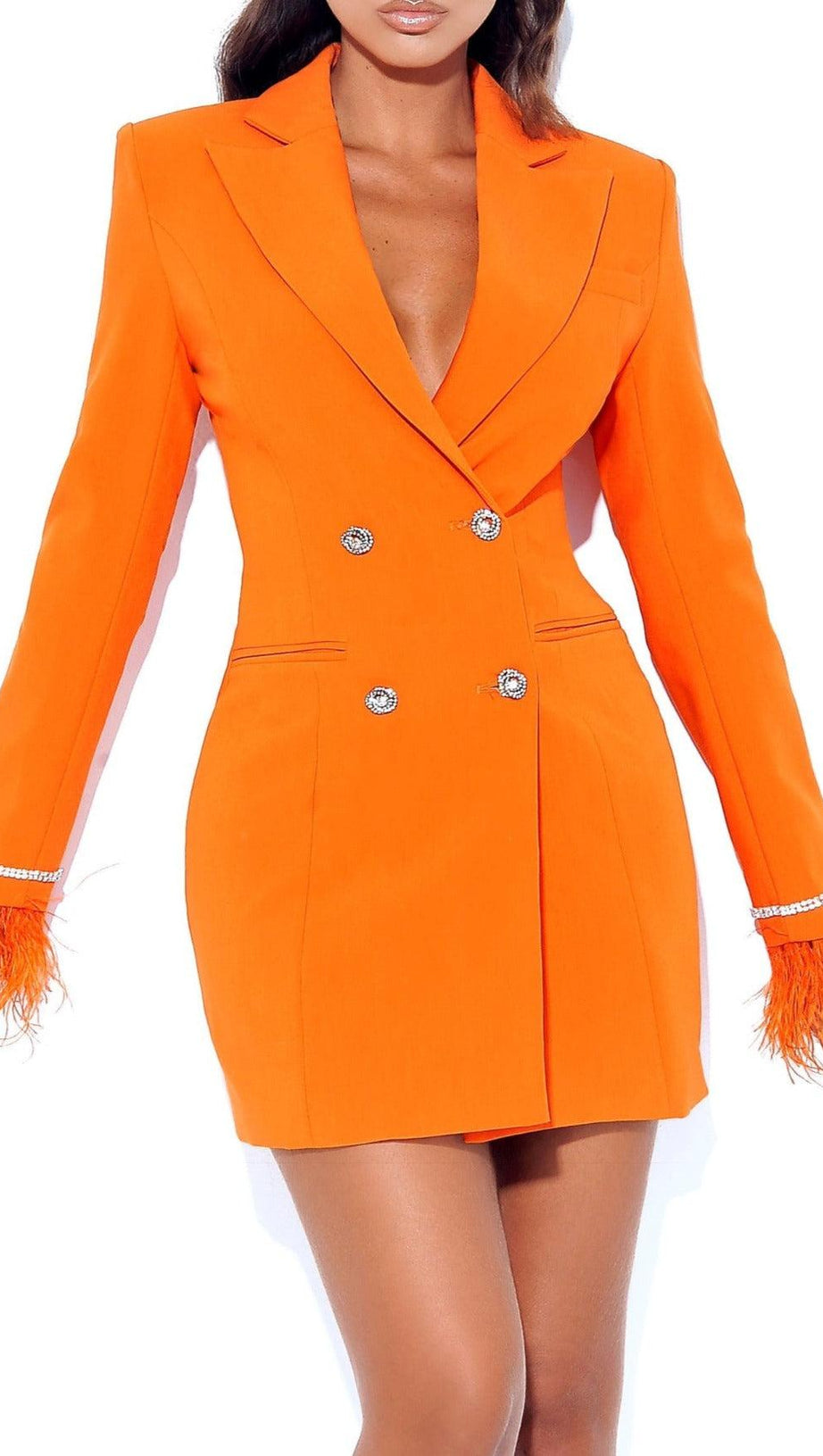QUILLA ORANGE FEATHER CRYSTAL SLEEVE BACKLESS BLAZER DRESS