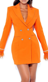 QUILLA ORANGE FEATHER CRYSTAL SLEEVE BACKLESS BLAZER DRESS