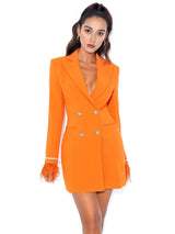 QUILLA ORANGE FEATHER CRYSTAL SLEEVE BACKLESS BLAZER DRESS