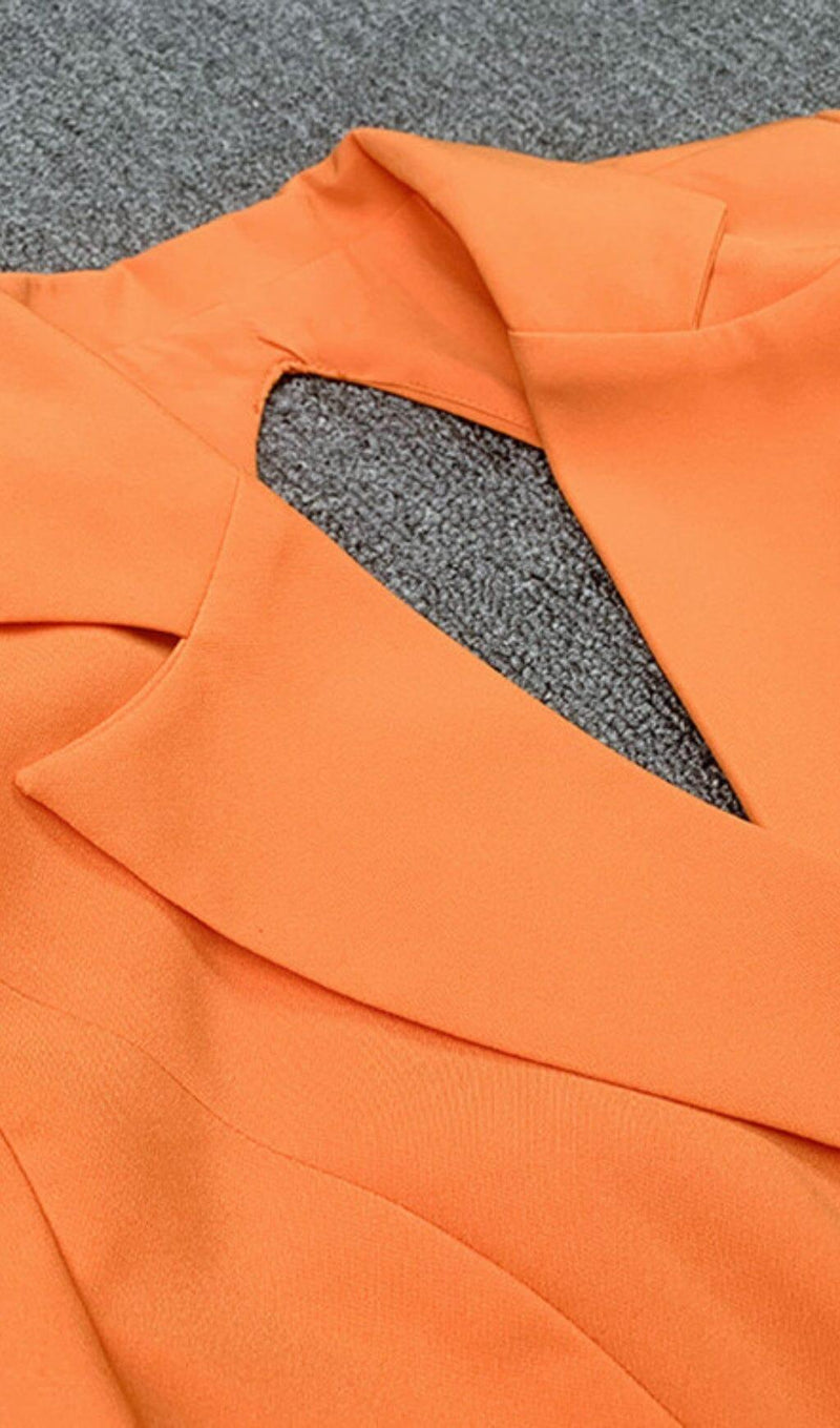 QUILLA ORANGE FEATHER CRYSTAL SLEEVE BACKLESS BLAZER DRESS