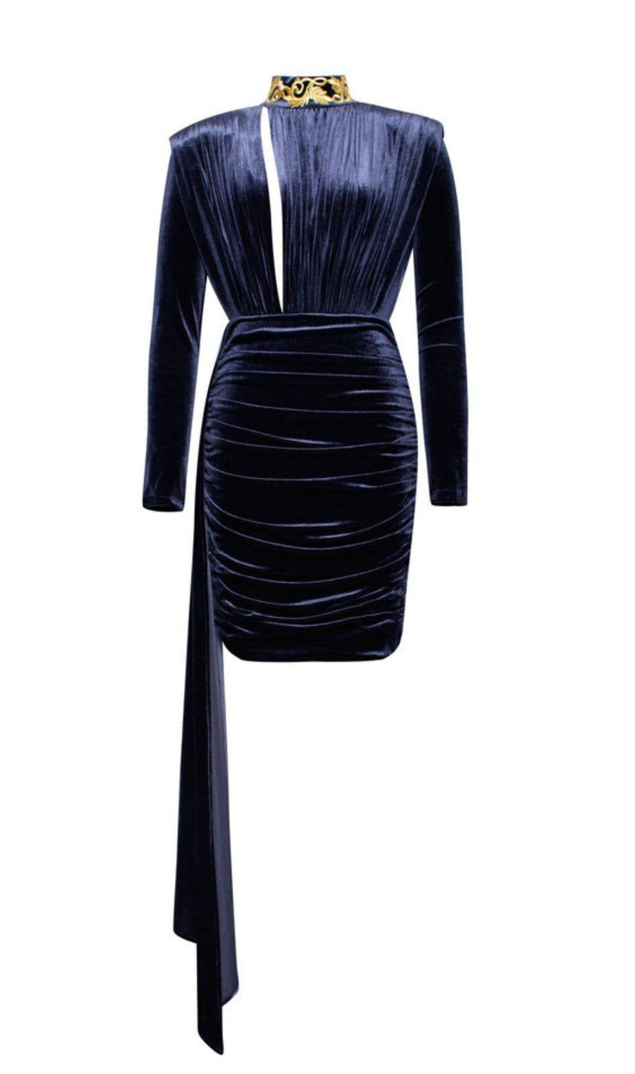 Gracyn Blaues, drapiertes Samtkleid mit langen Ärmeln und Cut-outs