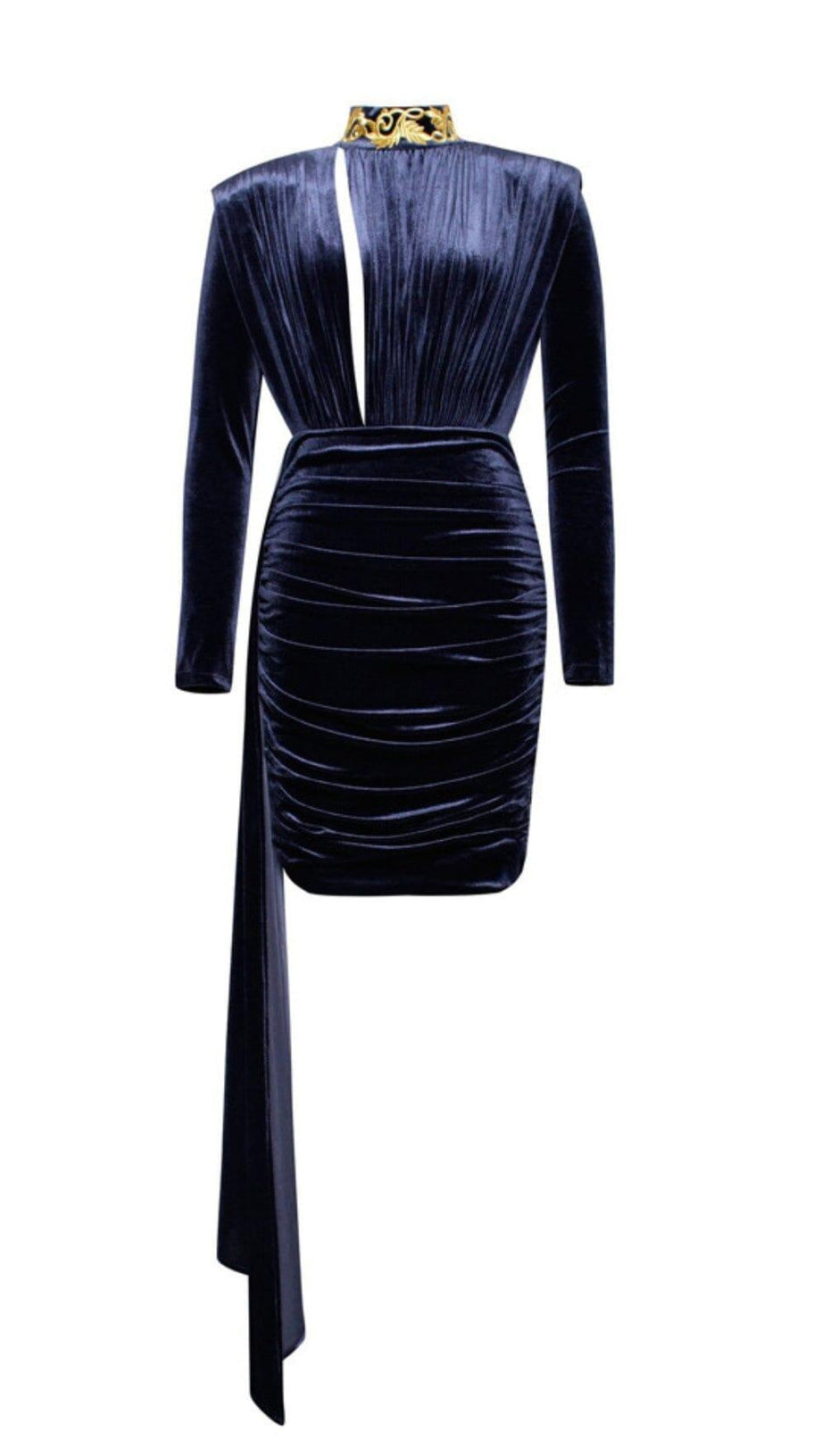 Gracyn Blaues, drapiertes Samtkleid mit langen Ärmeln und Cut-outs