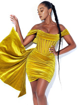 IRISA GOLD DRAPING OFF SHOULDER CORSET DRESS