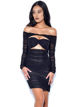 TIERRA BLACK MESH OFF SHOULDER CUTOUT DRESS