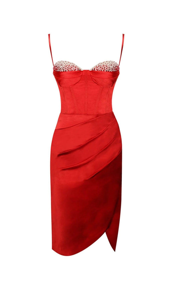 NYLA RED SATIN CORSET DRESS WITH CRYSTALS