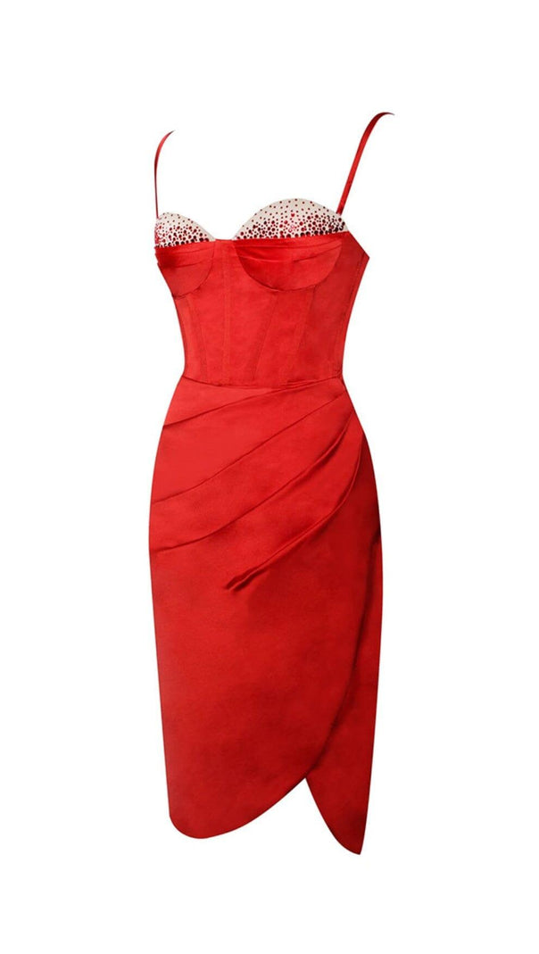 AIIZIE NYLA RED SATIN CORSET DRESS WITH CRYSTALS - product image