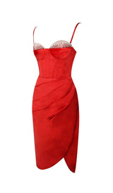 NYLA RED SATIN CORSET DRESS WITH CRYSTALS