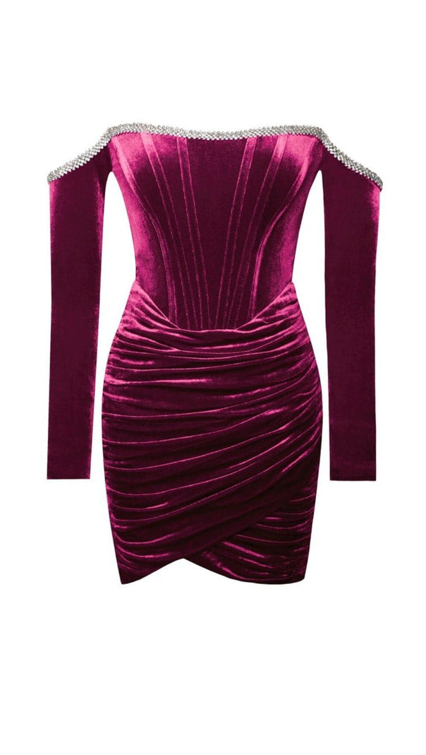 ODETTE BURGUNDERROTES SAMT-OFF-SHOULDER-KORSETT-KLEID MIT KRISTALLBESATZ