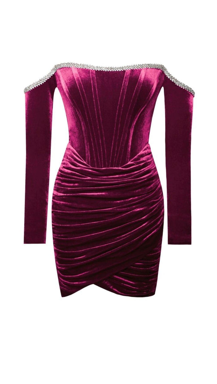 ODETTE BURGUNDY VELVET OFF SHOULDER CORSET DRESS WITH CRYSTAL TRIM