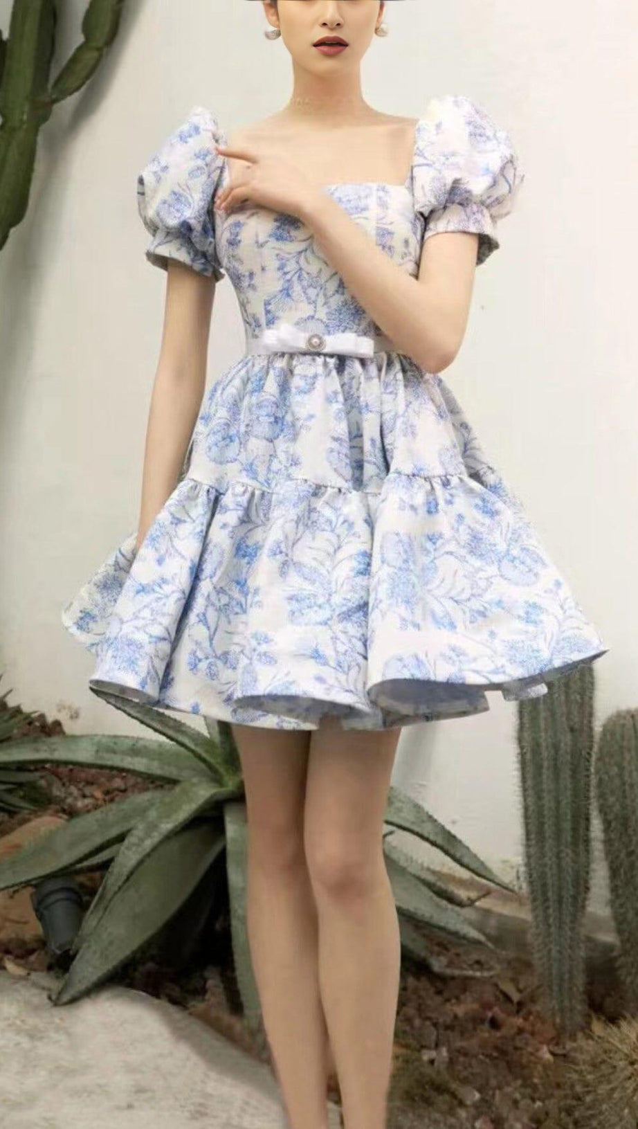 FRENCH PUFF SLEEVE PRINTED MINI DRESS