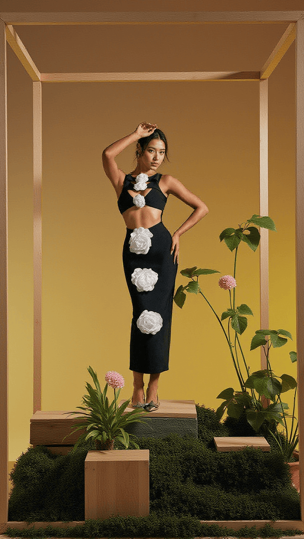 AIIZIE ATREYU SLEEVELESS FLOWER CUTOUT BANDAGE MIDI DRESS - product image